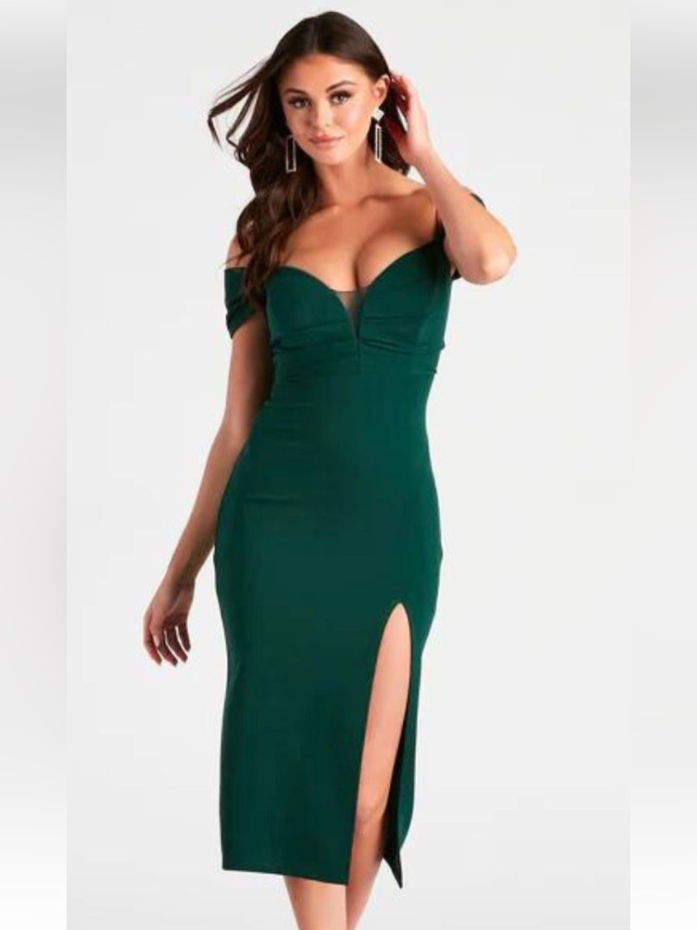 Windsor Forest Green Off-Shoulder Midi Bodycon Formal Elegant Sheath Dress SZ M